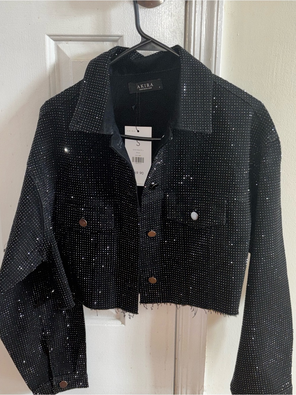 AKIRA Black Cropped Rhinestone Jean Jacket